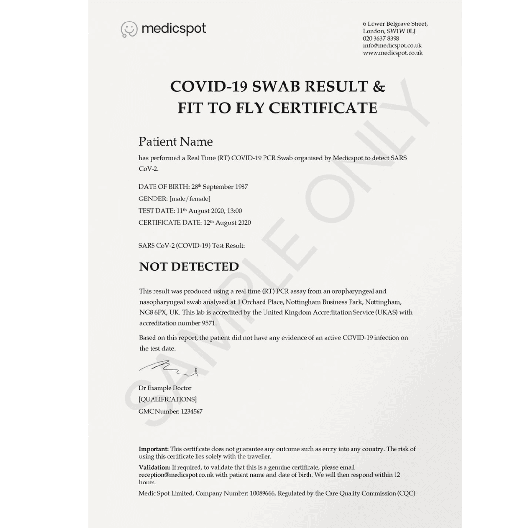 covid-19 fit to fly certificate issued by Medicspot